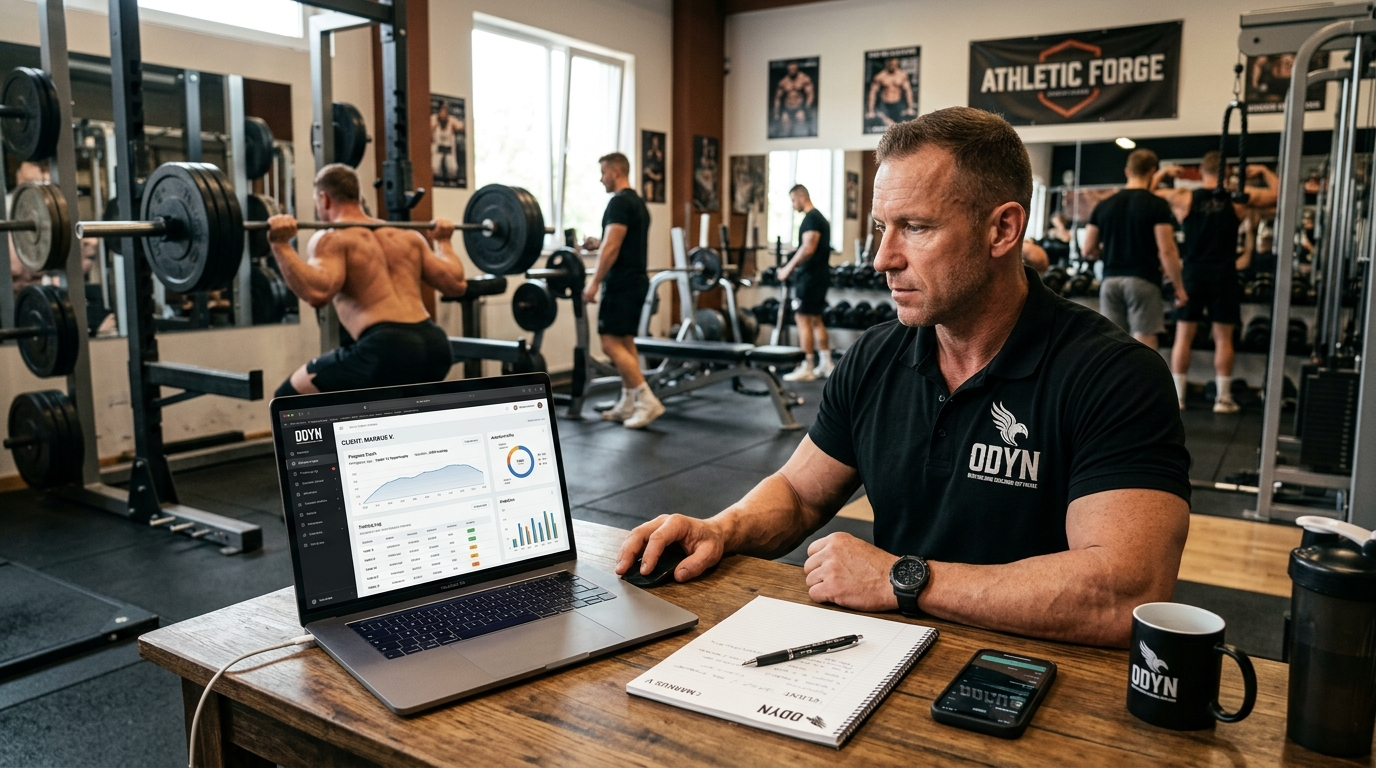 Coach sportif utilisant un logiciel de musculation pour programmer les séances de ses clients