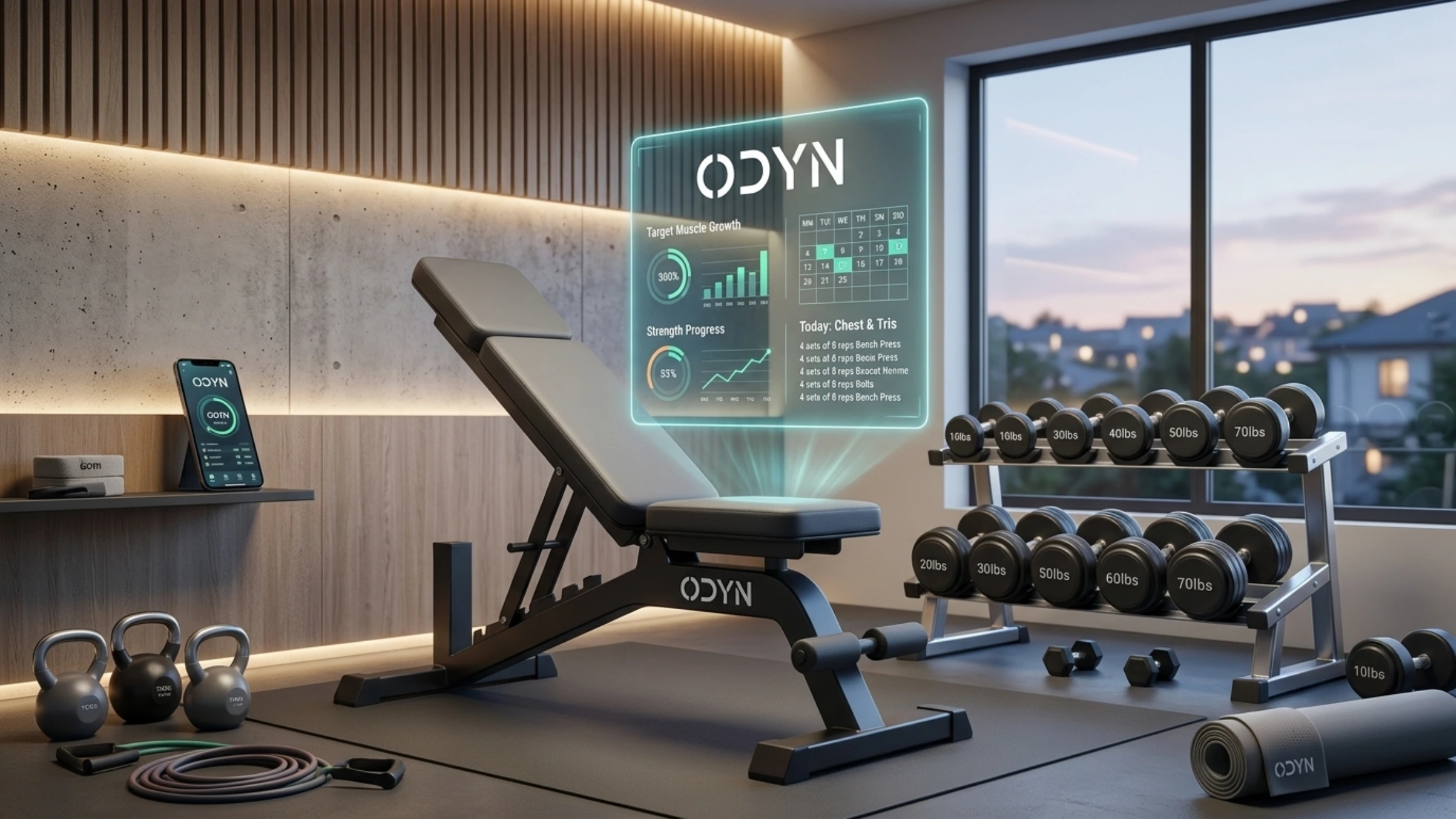 Programme de musculation maison avec exercices au poids du corps et élastiques dans un salon